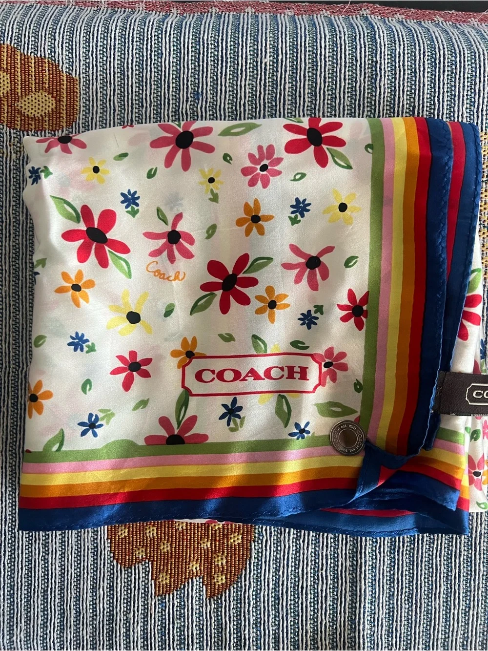 Coach Floral Rainbow Border Silk Scarf - White, Red, Blue, Yellow, Pink, Green